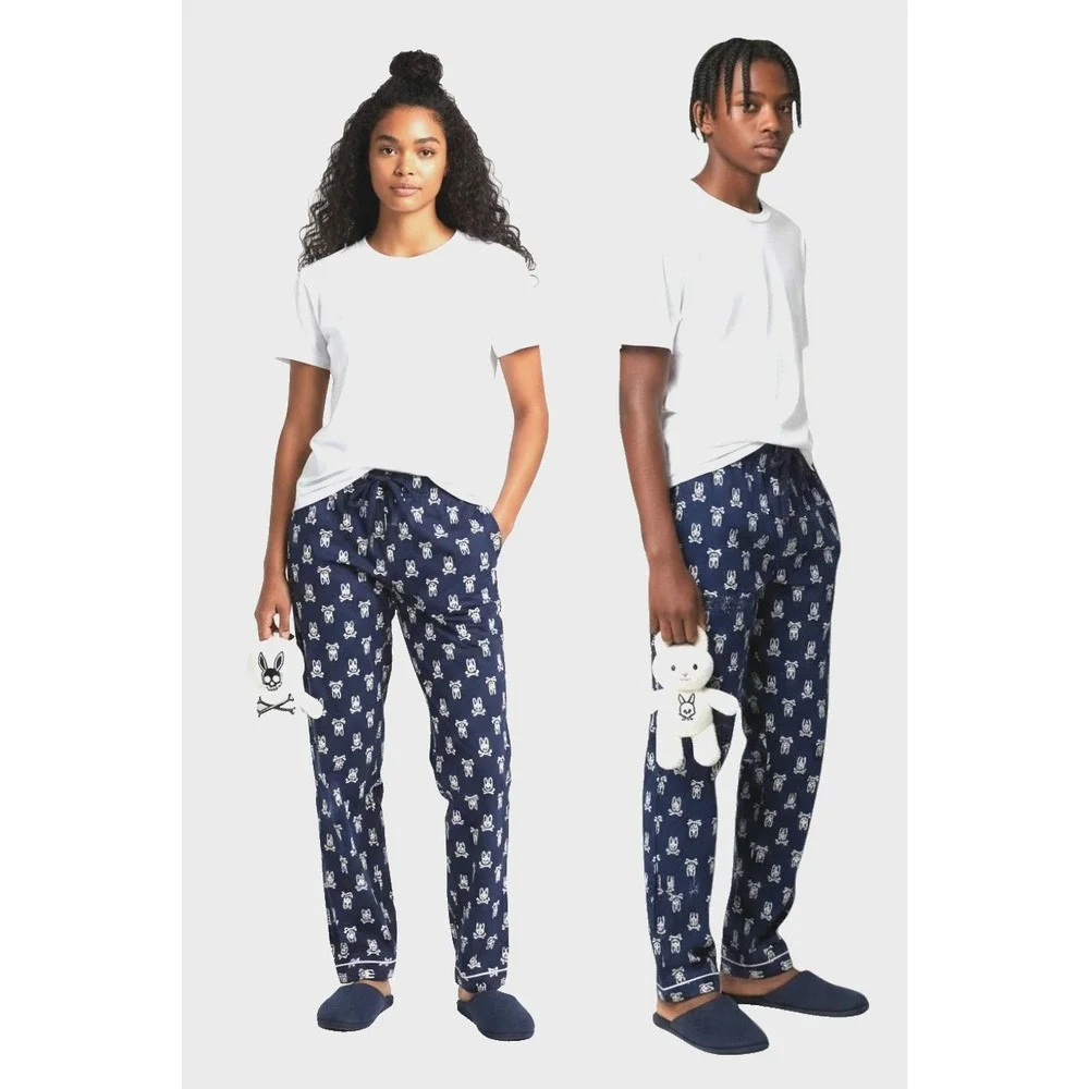 Psycho Bunny Mens M Navy Blue Allover Skull Bunny Pajama Lounge Pants Unisex EUC